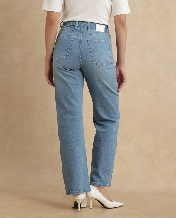 Rareism Women Beuk Light Blue Cotton Blend Fabric Plain Jeans