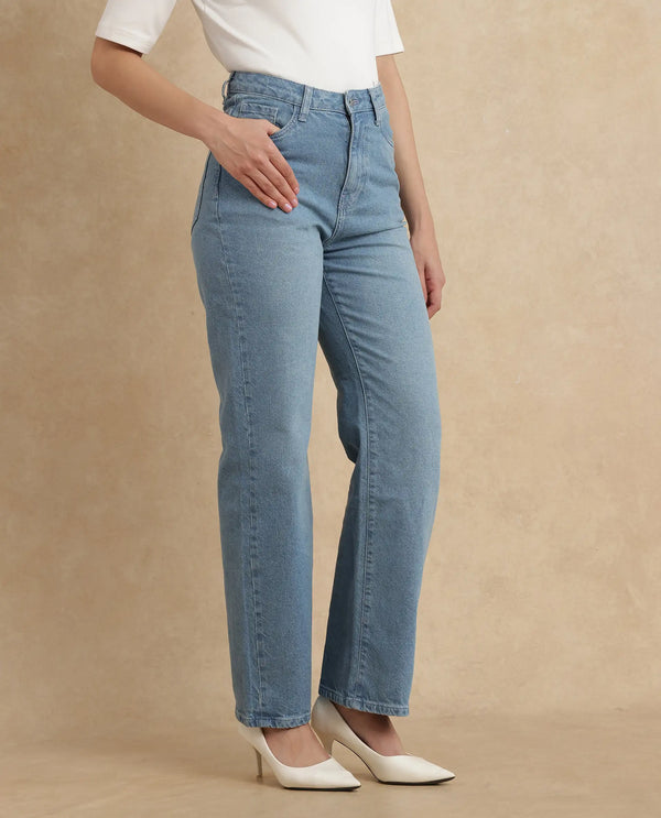 Rareism Women Beuk Light Blue Cotton Blend Fabric Plain Jeans