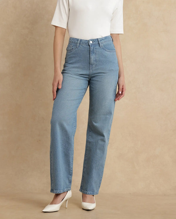 Rareism Women Beuk Light Blue Cotton Blend Fabric Plain Jeans