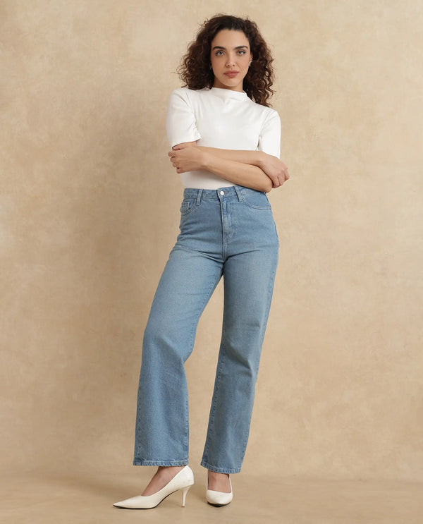Rareism Women Beuk Light Blue Cotton Blend Fabric Plain Jeans