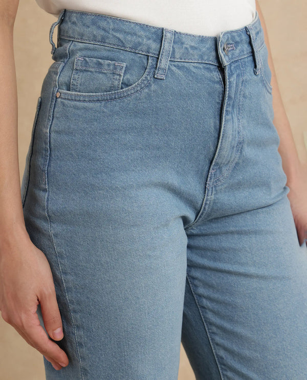 Rareism Women Beuk Light Blue Cotton Blend Fabric Plain Jeans
