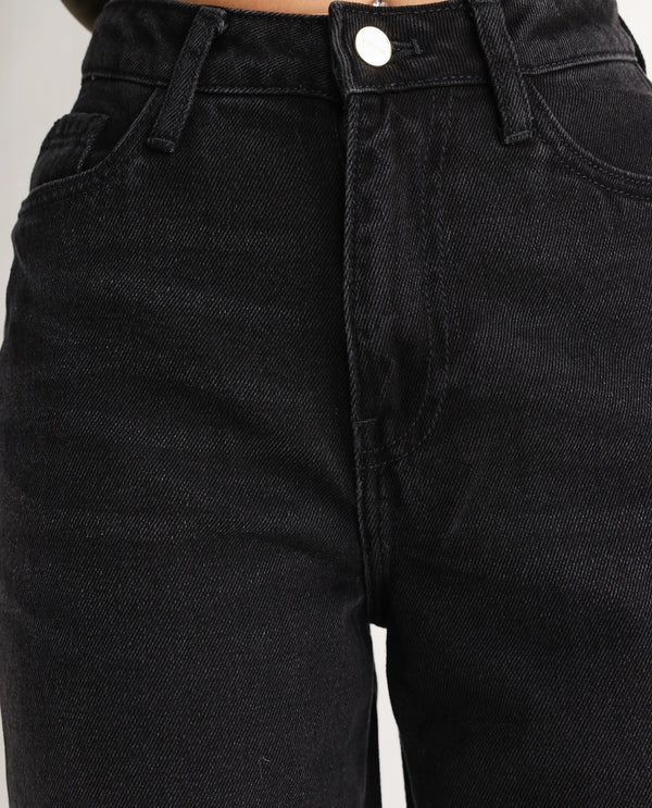Rareism Women Beuro Black Cotton Fabric Plain Jeans