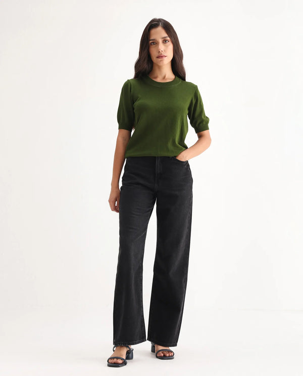 Rareism Women Beuro Black Cotton Fabric Plain Jeans