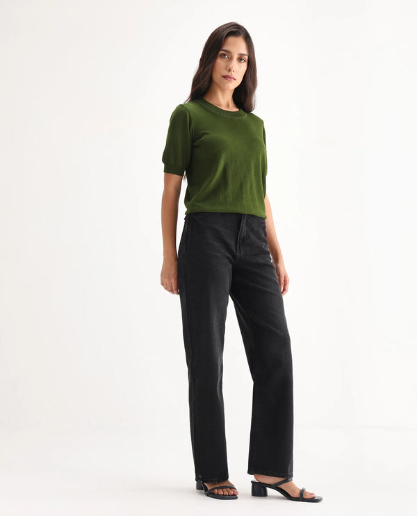 Rareism Women Beuro Black Cotton Fabric Plain Jeans