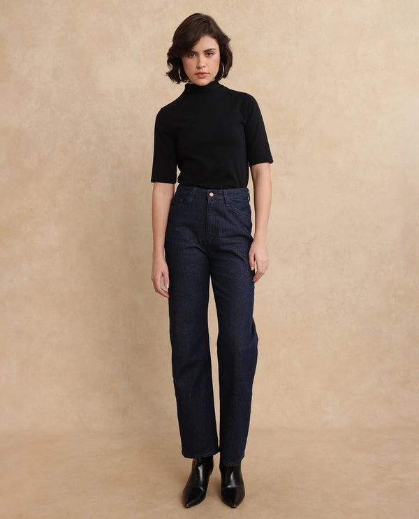 Rareism Women Bewak Dark Blue Cotton Blend Fabric Plain Jeans