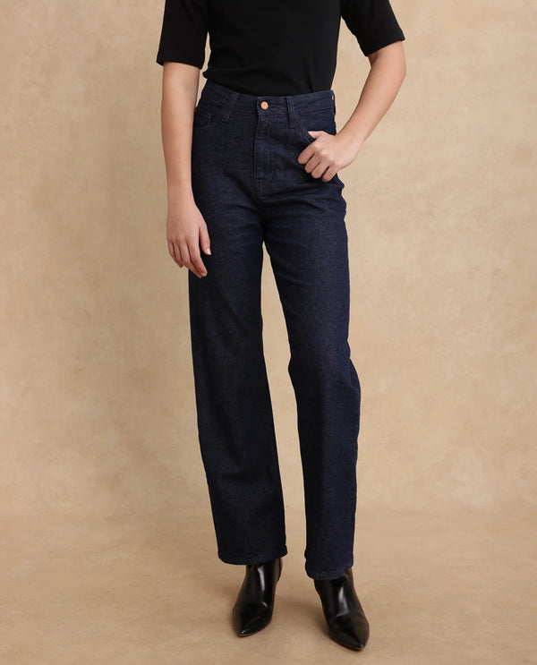 Rareism Women Bewak Dark Blue Cotton Blend Fabric Plain Jeans