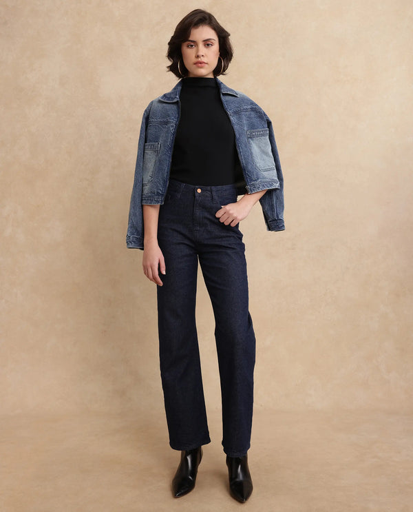 Rareism Women Bewak Dark Blue Cotton Blend Fabric Plain Jeans