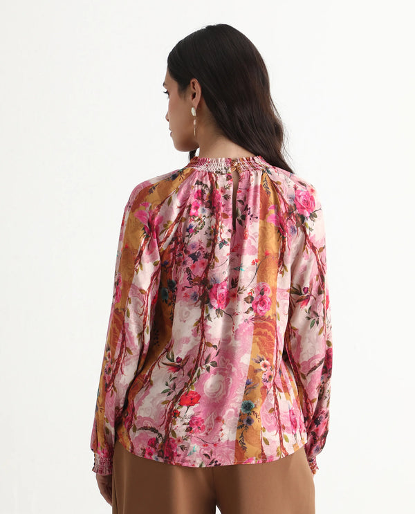 Rareism Women Bexx Multi Cotton Blend Fabric Bishop Sleeve High Neck Button Closure Regular Fit Floral Print Top