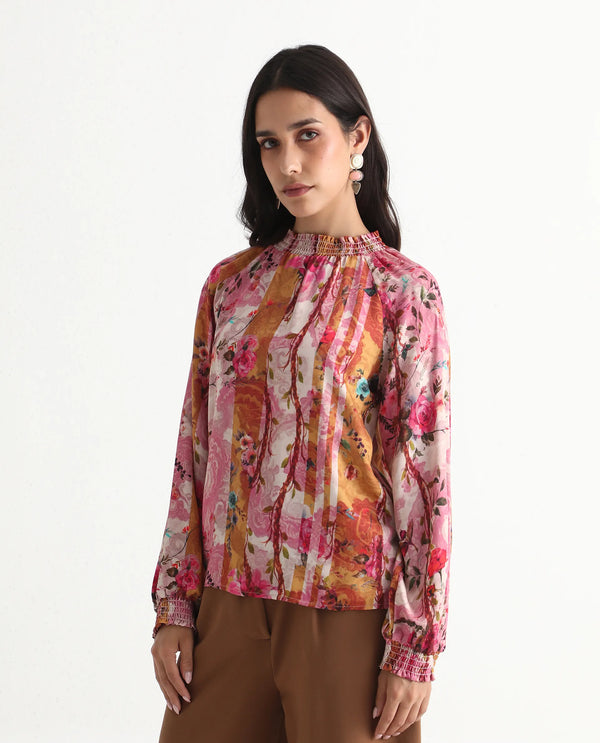 Rareism Women Bexx Multi Cotton Blend Fabric Bishop Sleeve High Neck Button Closure Regular Fit Floral Print Top