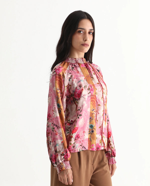 Rareism Women Bexx Multi Cotton Blend Fabric Bishop Sleeve High Neck Button Closure Regular Fit Floral Print Top