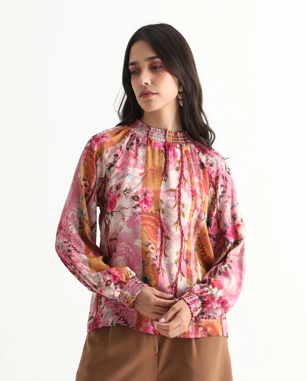 Rareism Women Bexx Multi Cotton Blend Fabric Bishop Sleeve High Neck Button Closure Regular Fit Floral Print Top