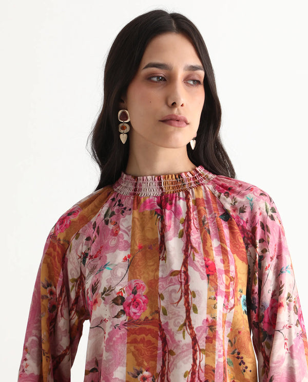 Rareism Women Bexx Multi Cotton Blend Fabric Bishop Sleeve High Neck Button Closure Regular Fit Floral Print Top