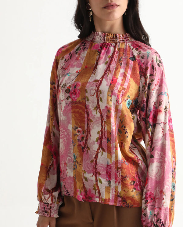 Rareism Women Bexx Multi Cotton Blend Fabric Bishop Sleeve High Neck Button Closure Regular Fit Floral Print Top