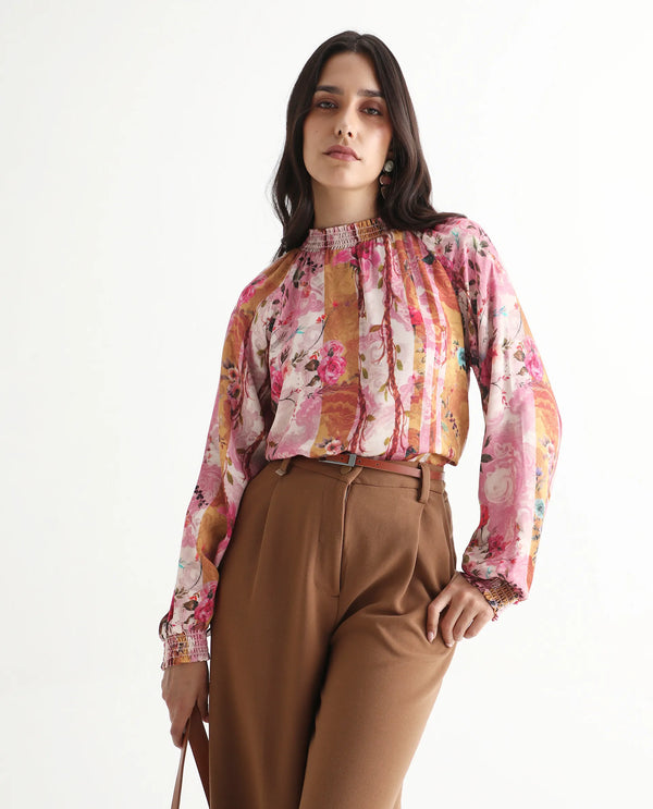 Rareism Women Bexx Multi Cotton Blend Fabric Bishop Sleeve High Neck Button Closure Regular Fit Floral Print Top