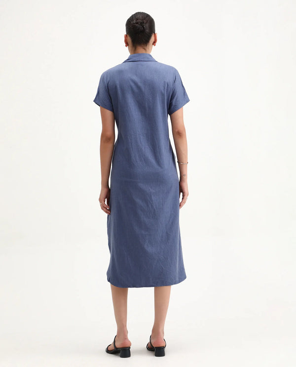 Rareism Women Bhaque Light Blue Tencel Fabric Short Sleeve Collared Neck Button Closure Relaxed Fit Midi Plain Dress