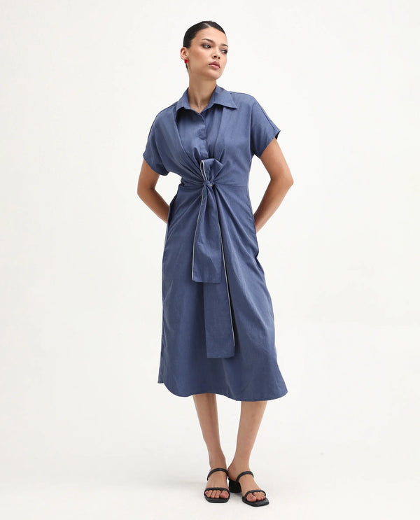 Rareism Women Bhaque Light Blue Tencel Fabric Short Sleeve Collared Neck Button Closure Relaxed Fit Midi Plain Dress