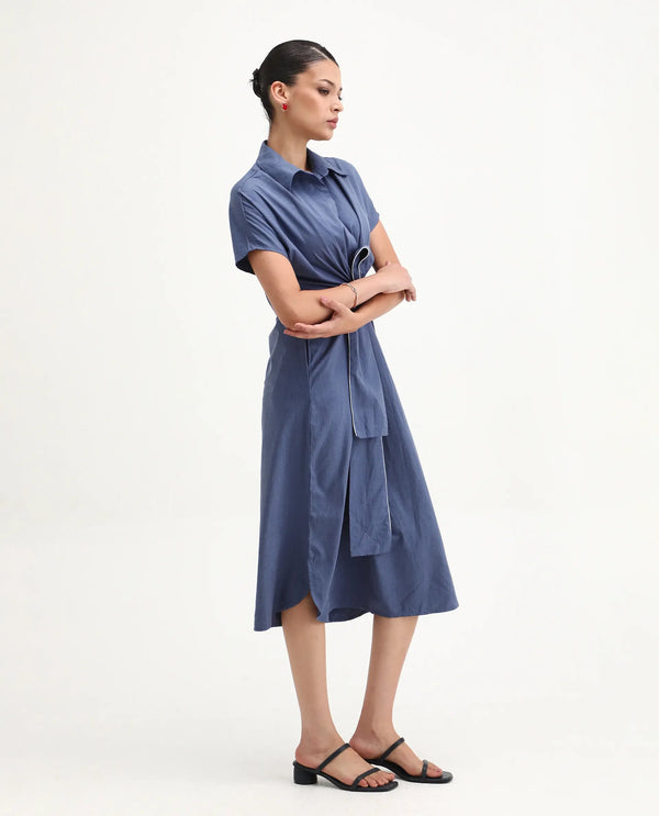 Rareism Women Bhaque Light Blue Tencel Fabric Short Sleeve Collared Neck Button Closure Relaxed Fit Midi Plain Dress