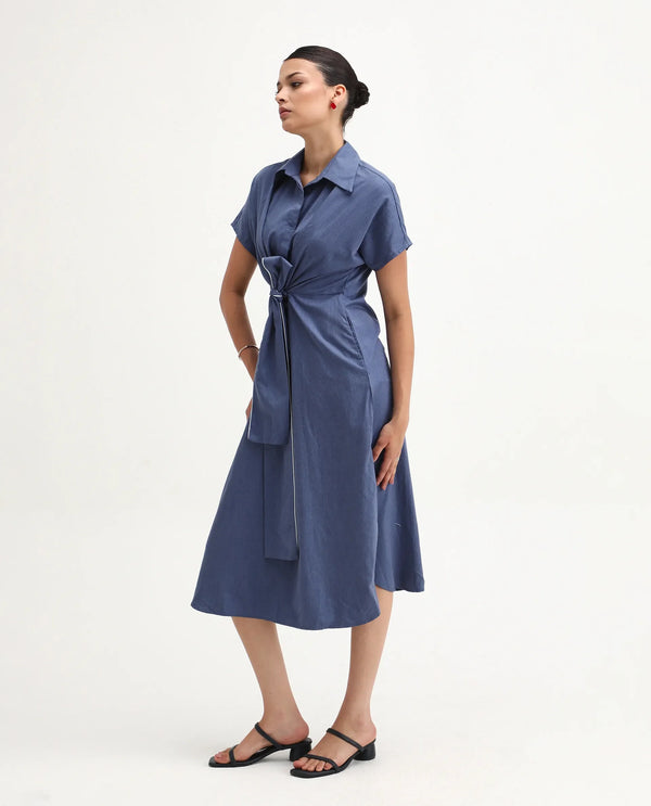 Rareism Women Bhaque Light Blue Tencel Fabric Short Sleeve Collared Neck Button Closure Relaxed Fit Midi Plain Dress