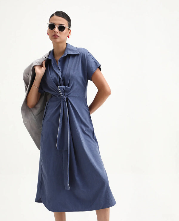Rareism Women Bhaque Light Blue Tencel Fabric Short Sleeve Collared Neck Button Closure Relaxed Fit Midi Plain Dress