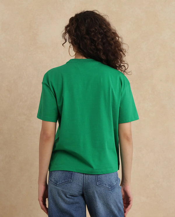 Rareism Women Bharmo Green Cotton Lycra Fabric Half Sleeve Crew Neck Boxy Fit Typography Print T-Shirt