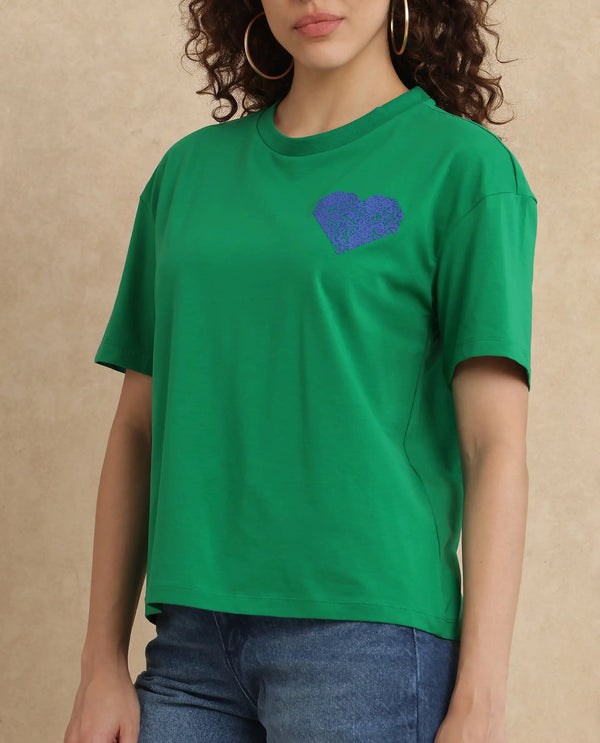 Rareism Women Bharmo Green Cotton Lycra Fabric Half Sleeve Crew Neck Boxy Fit Typography Print T-Shirt