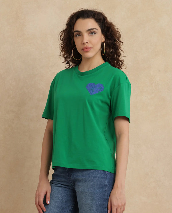 Rareism Women Bharmo Green Cotton Lycra Fabric Half Sleeve Crew Neck Boxy Fit Typography Print T-Shirt