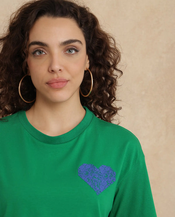 Rareism Women Bharmo Green Cotton Lycra Fabric Half Sleeve Crew Neck Boxy Fit Typography Print T-Shirt