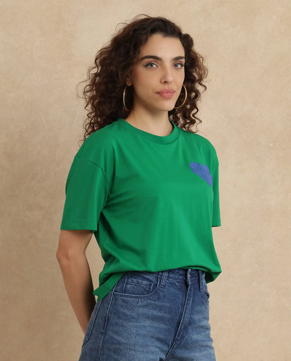 Rareism Women Bharmo Green Cotton Lycra Fabric Half Sleeve Crew Neck Boxy Fit Typography Print T-Shirt