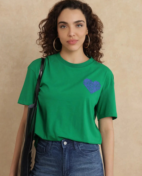 Rareism Women Bharmo Green Cotton Lycra Fabric Half Sleeve Crew Neck Boxy Fit Typography Print T-Shirt