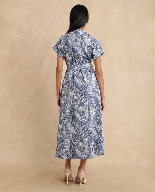 Rareism Women Bharnaj Blue Cotton Blend Fabric 3/4Th Sleeve Johnny Collar Flared Mini Abstract Print Dress