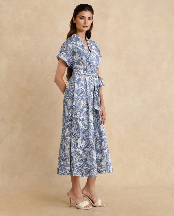 Rareism Women Bharnaj Blue Cotton Blend Fabric 3/4Th Sleeve Johnny Collar Flared Mini Abstract Print Dress