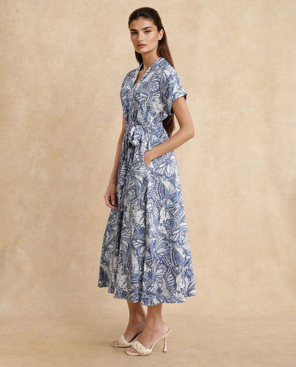 Rareism Women Bharnaj Blue Cotton Blend Fabric 3/4Th Sleeve Johnny Collar Flared Mini Abstract Print Dress