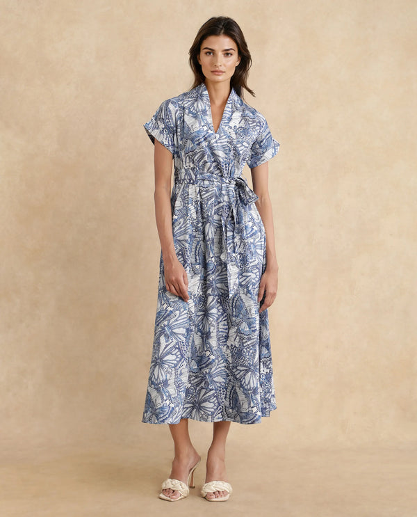 Rareism Women Bharnaj Blue Cotton Blend Fabric 3/4Th Sleeve Johnny Collar Flared Mini Abstract Print Dress