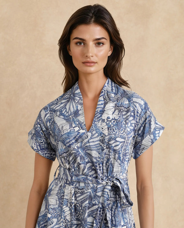 Rareism Women Bharnaj Blue Cotton Blend Fabric 3/4Th Sleeve Johnny Collar Flared Mini Abstract Print Dress
