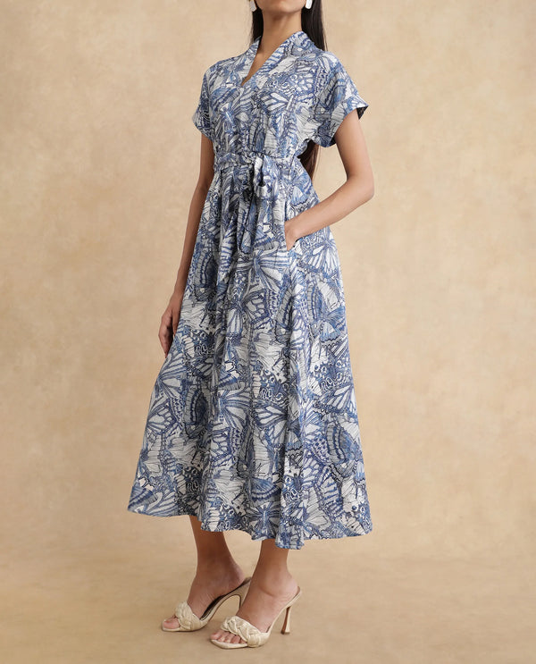 Rareism Women Bharnaj Blue Cotton Blend Fabric 3/4Th Sleeve Johnny Collar Flared Mini Abstract Print Dress