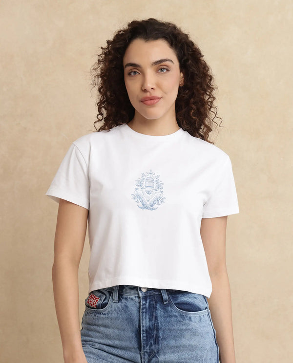 Rareism Women Bharop Off White Cotton Lycra Fabric Short Sleeve Crew Neck Cropped Graphic Print T-Shirt
