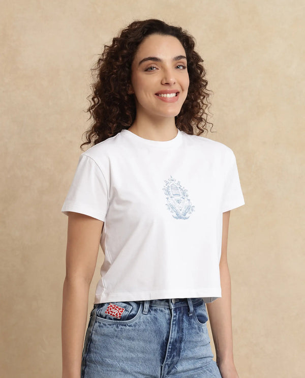 Rareism Women Bharop Off White Cotton Lycra Fabric Short Sleeve Crew Neck Cropped Graphic Print T-Shirt