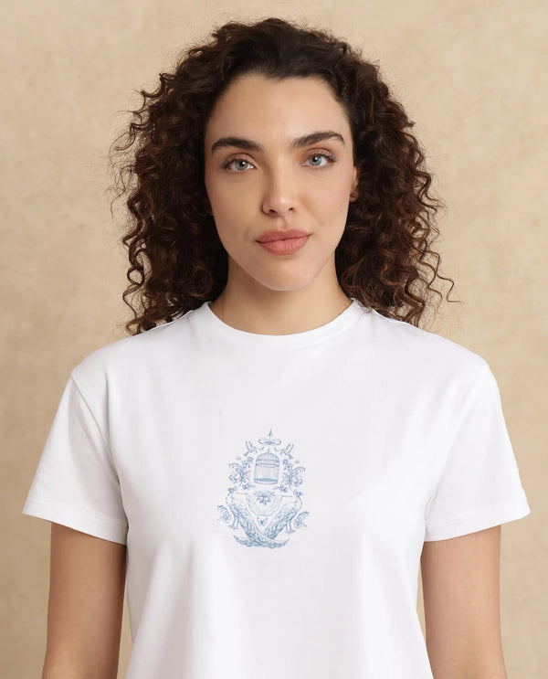 Rareism Women Bharop Off White Cotton Lycra Fabric Short Sleeve Crew Neck Cropped Graphic Print T-Shirt