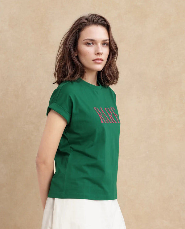 Rareism Women Bhars Green Cotton Lycra Fabric Extended Sleeves Crew Neck Typography T-Shirt