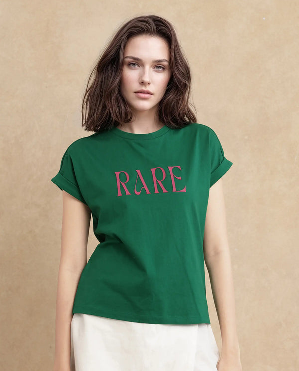 Rareism Women Bhars Green Cotton Lycra Fabric Extended Sleeves Crew Neck Typography T-Shirt