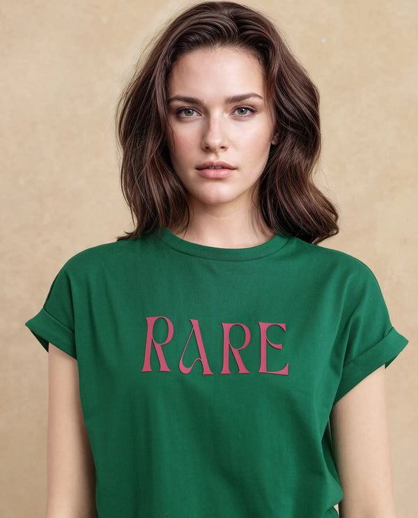 Rareism Women Bhars Green Cotton Lycra Fabric Extended Sleeves Crew Neck Typography T-Shirt