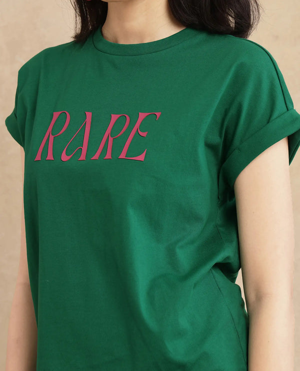 Rareism Women Bhars Green Cotton Lycra Fabric Extended Sleeves Crew Neck Typography T-Shirt