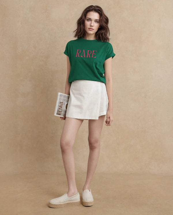 Rareism Women Bhars Green Cotton Lycra Fabric Extended Sleeves Crew Neck Typography T-Shirt