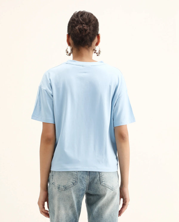 Rareism Women Bhasi Light Blue Cotton Lycra Fabric Short Sleeve Crew Neck Boxy Fit Graphic Print T-Shirt