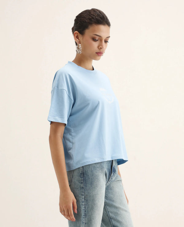 Rareism Women Bhasi Light Blue Cotton Lycra Fabric Short Sleeve Crew Neck Boxy Fit Graphic Print T-Shirt