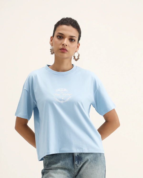 Rareism Women Bhasi Light Blue Cotton Lycra Fabric Short Sleeve Crew Neck Boxy Fit Graphic Print T-Shirt