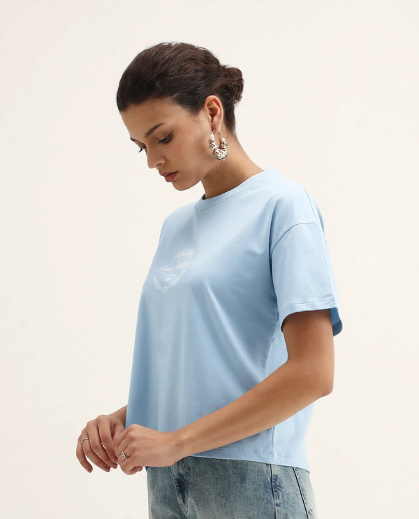 Rareism Women Bhasi Light Blue Cotton Lycra Fabric Short Sleeve Crew Neck Boxy Fit Graphic Print T-Shirt