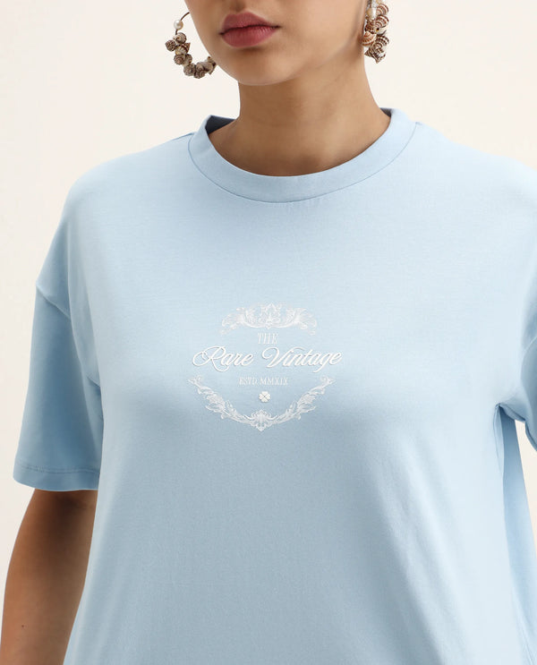 Rareism Women Bhasi Light Blue Cotton Lycra Fabric Short Sleeve Crew Neck Boxy Fit Graphic Print T-Shirt