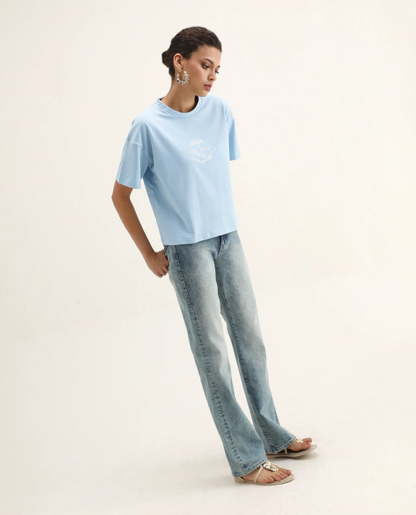 Rareism Women Bhasi Light Blue Cotton Lycra Fabric Short Sleeve Crew Neck Boxy Fit Graphic Print T-Shirt