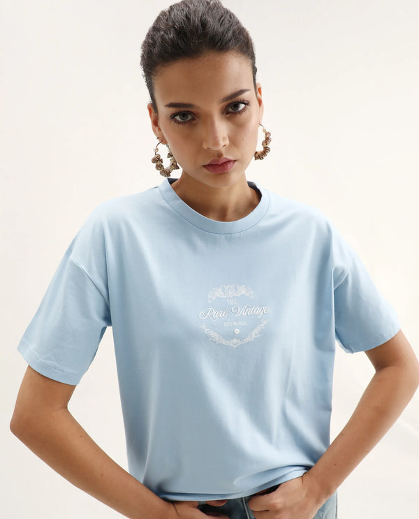 Rareism Women Bhasi Light Blue Cotton Lycra Fabric Short Sleeve Crew Neck Boxy Fit Graphic Print T-Shirt